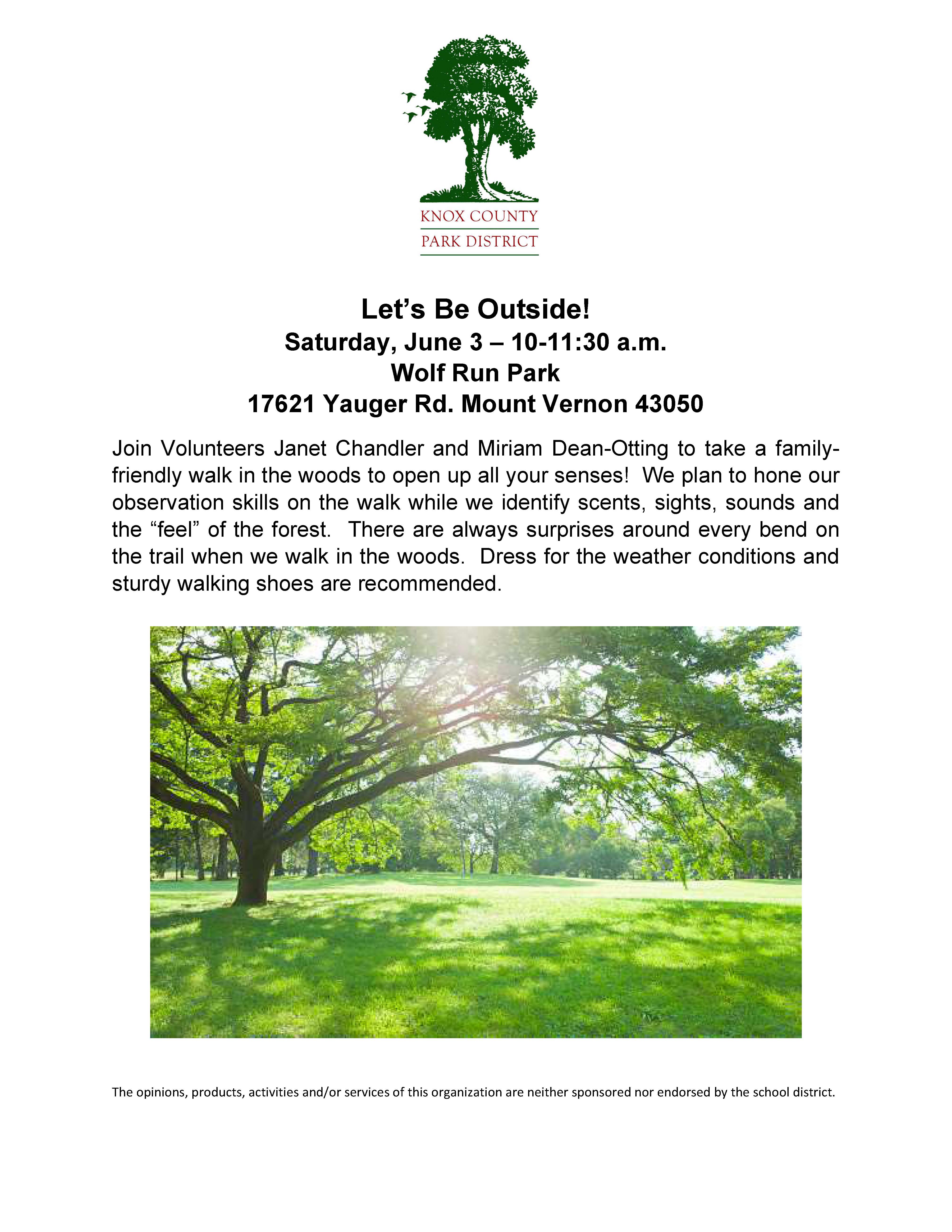 Let's Be Outside view of trees and grassy park area of Wolf Run.
